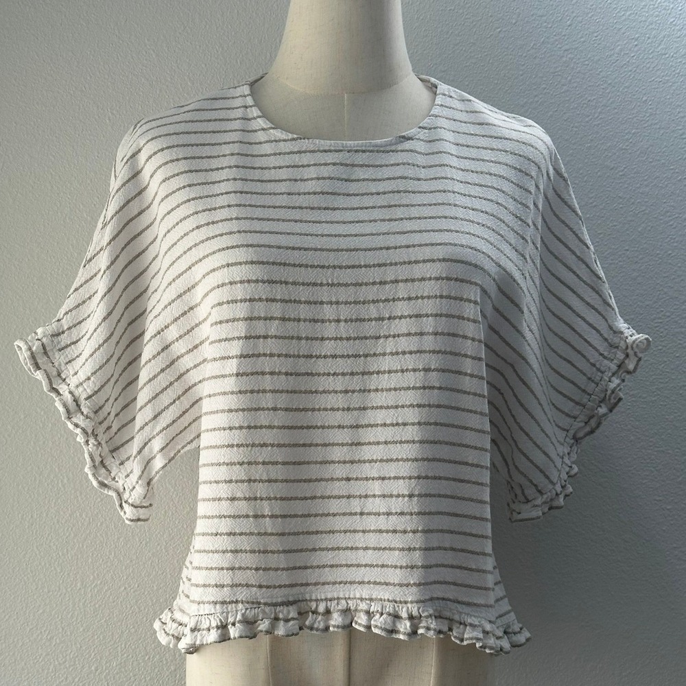 For Cynthia Top Womens S White Striped Ruffle Trim Linen Cotton Coastal Boho